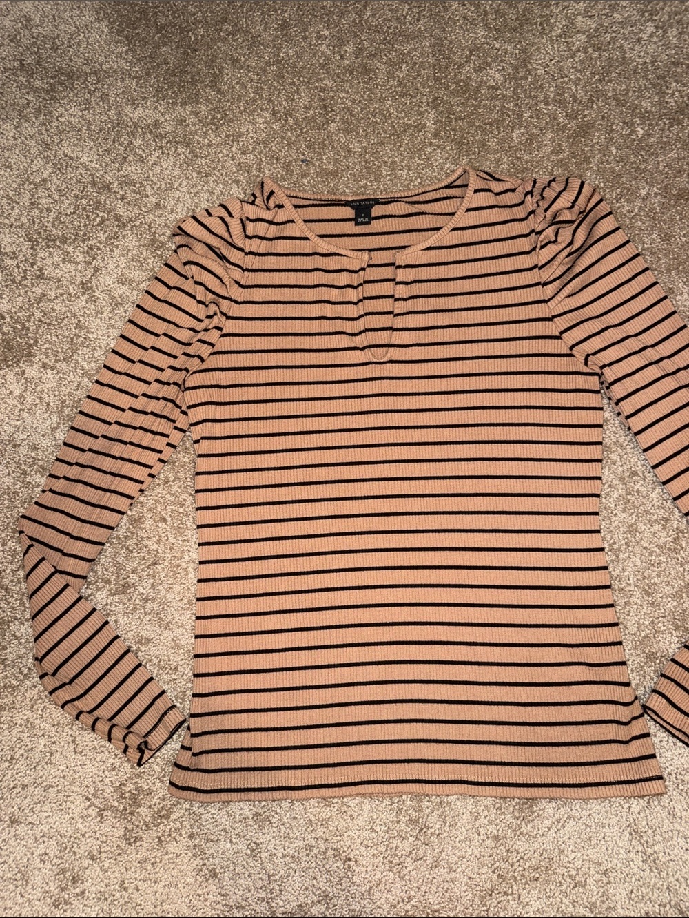 Ann Taylor Puff Shoulder Ribbed Keyhole Top - Tan & Black Stripes | size Sm